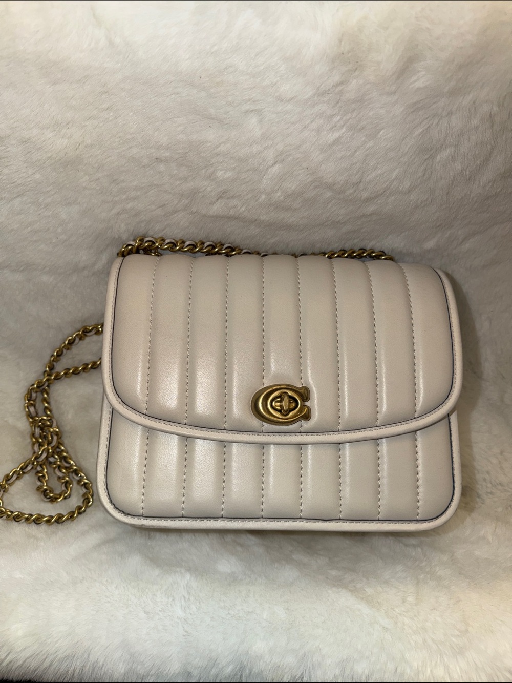 Coach Cream Quilted Crossbody Bag with Gold Chain